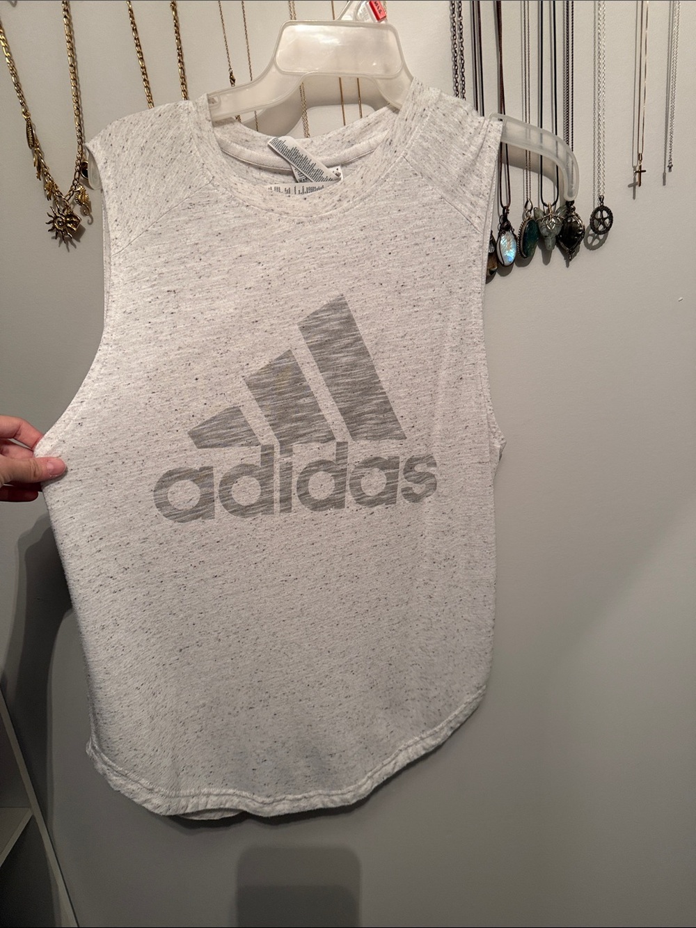 adidas Womenโs Light Heather Gray Logo Tank